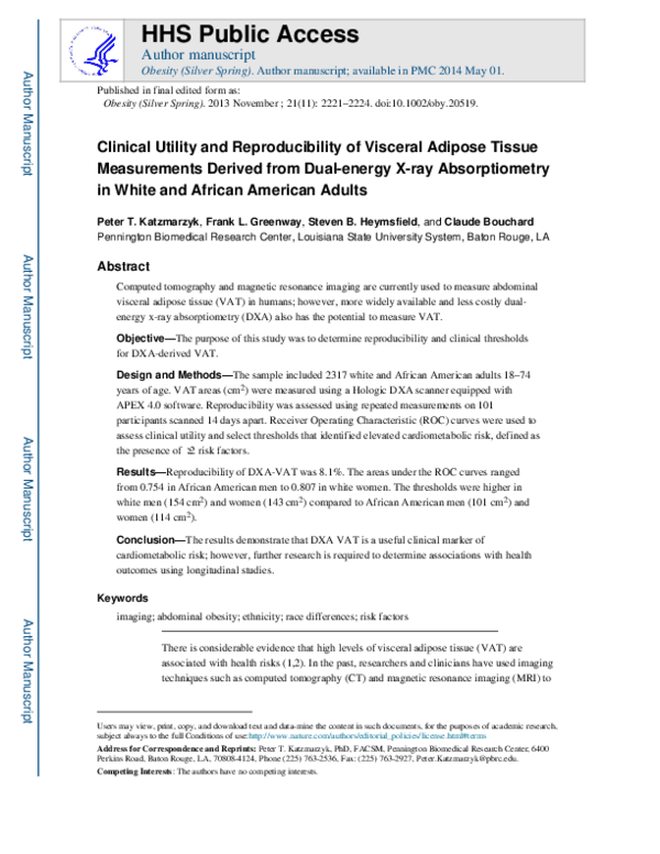 (PDF) Clinical utility and reproducibility of visceral adipose tissue ...