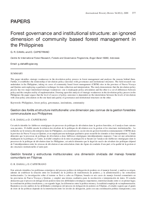 (PDF) Forest governance and institutional structure: an ignored ...
