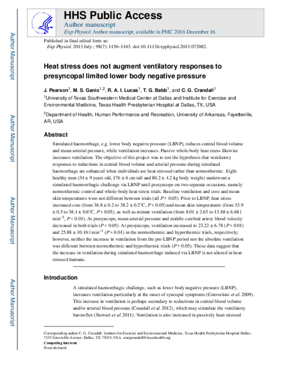 (PDF) Heat stress does not augment ventilatory responses to presyncopal ...