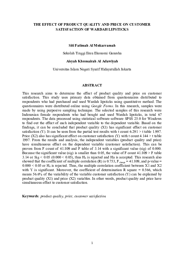 (DOC) THE EFFECT OF PRODUCT QUALITY AND PRICE ON CUSTOMER SATISFACTION ...