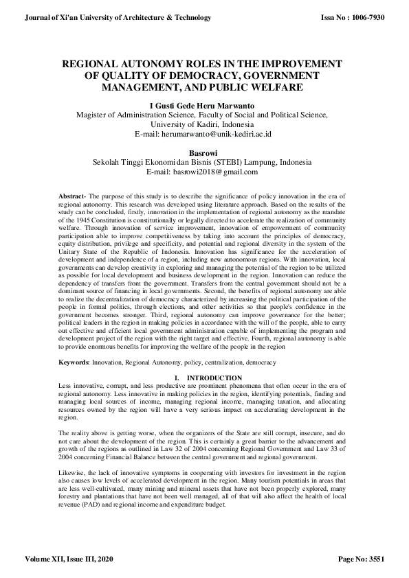 (PDF) Regional Autonomy Roles in the Improvement of Quality of ...