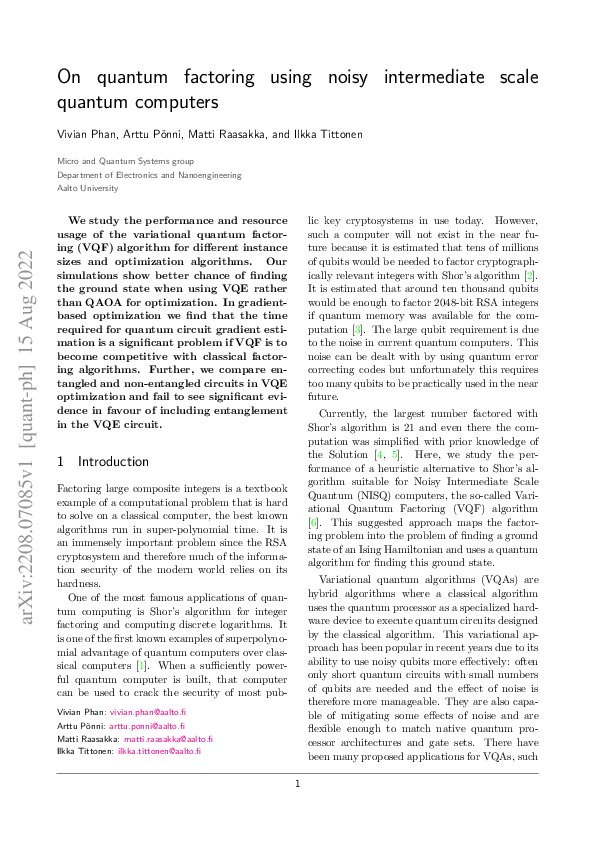 (PDF) On quantum factoring using noisy intermediate scale quantum computers