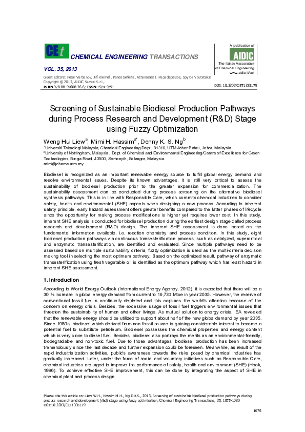 (PDF) Screening of sustainable biodiesel production pathways during ...