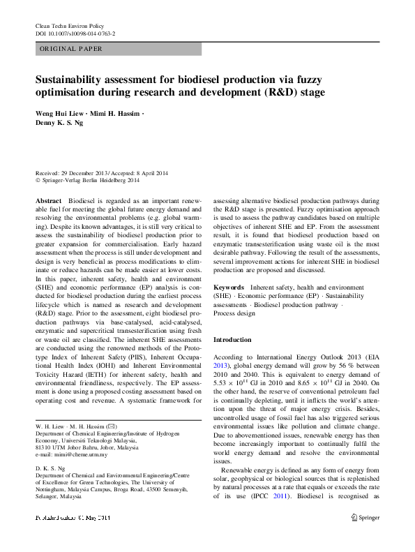 (PDF) Sustainability assessment for biodiesel production via fuzzy ...