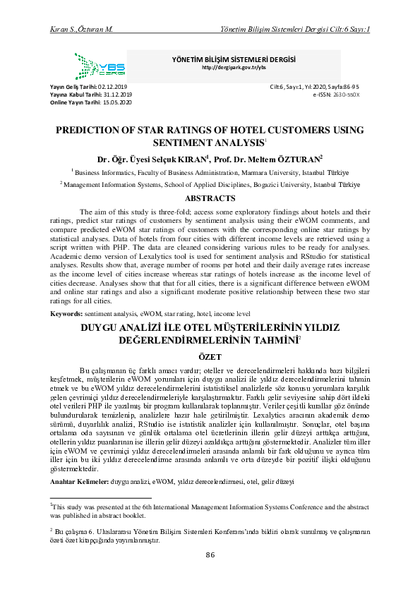 (PDF) Prediction of Star Ratings of Hotel Customers Using Sentiment ...