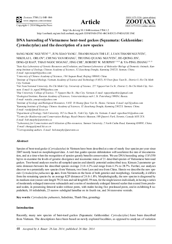 (PDF) DNA barcoding of Vietnamese bent-toed geckos (Squamata ...