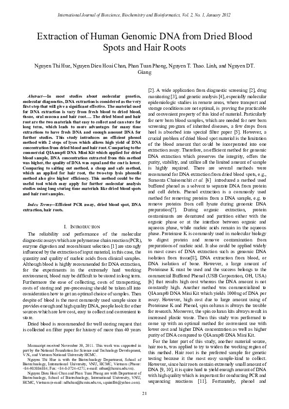 (PDF) Extraction of Human Genomic DNA from Dried Blood Spots and Hair Roots Nguyen Thi Hue