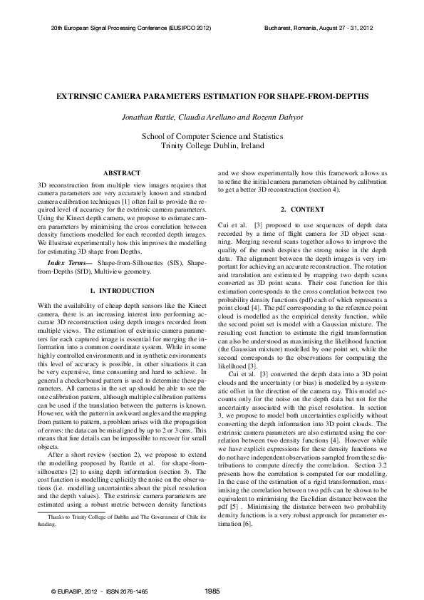 (PDF) Extrinsic Camera Parameters Estimation For Shape-From-Depths
