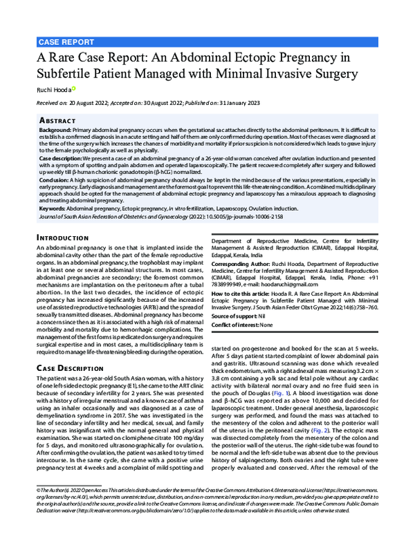 (PDF) A Rare Case Report An Abdominal Ectopic Pregnancy in Subfertile
