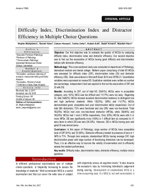 (PDF) Difficulty Index, Discrimination Index and Distractor Efficiency ...