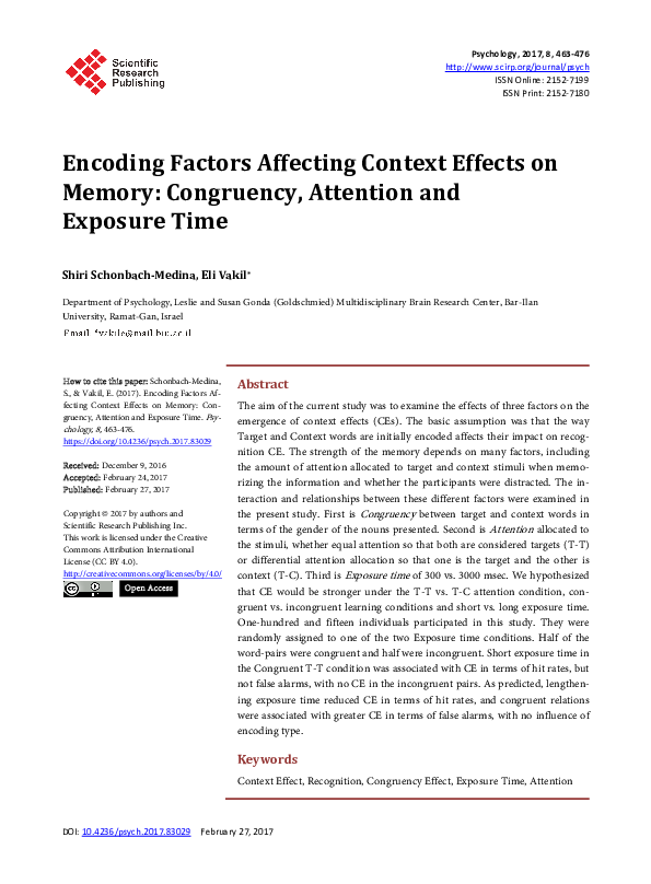 Pdf Encoding Factors Affecting Context Effects On Memory Congruency Pdf Encoding Factors Affecting Context Effects On Memory Congruency