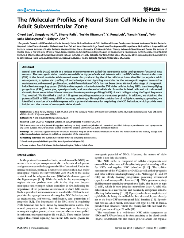 (PDF) The Molecular Profiles of Neural Stem Cell Niche in the Adult ...
