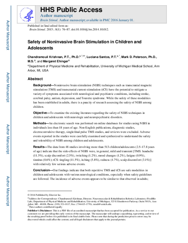 (PDF) Safety of Noninvasive Brain Stimulation in Children and Adolescents