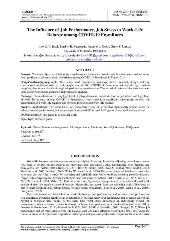 (PDF) The Influence of Job Performance, Job Stress to Work-Life Balance ...