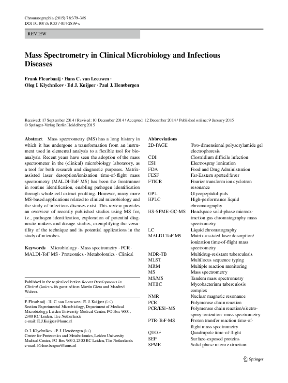 (PDF) Mass Spectrometry in Clinical Microbiology and Infectious Diseases