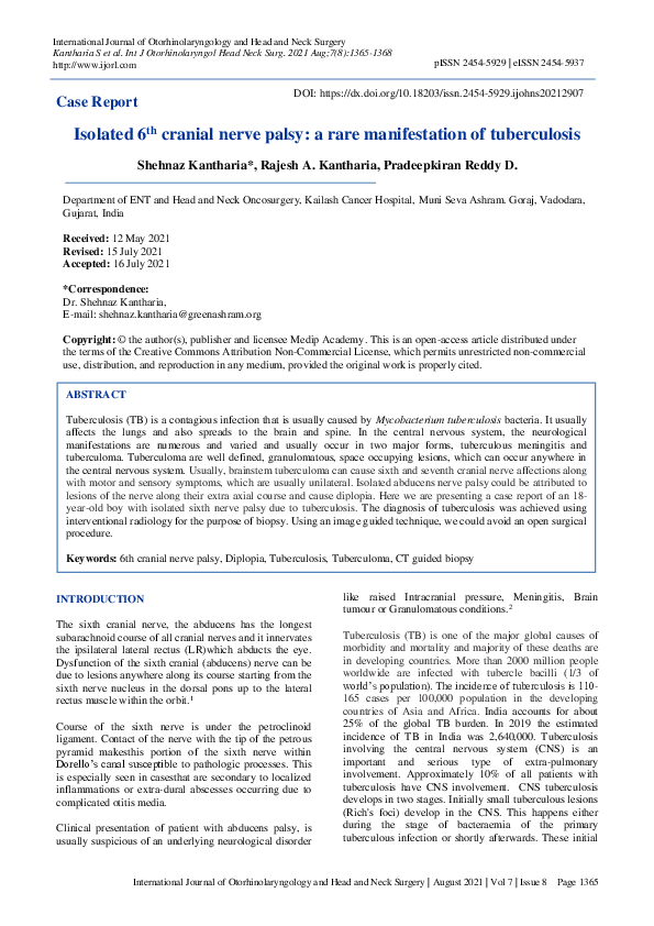 (PDF) Isolated 6th cranial nerve palsy: a rare manifestation of ...