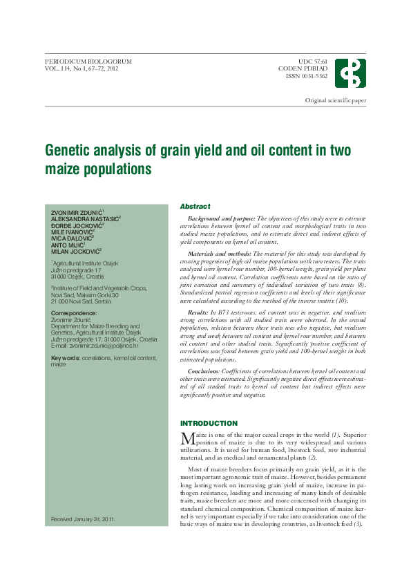 (PDF) Genetic analysis of grain yield and oil content in two maize ...