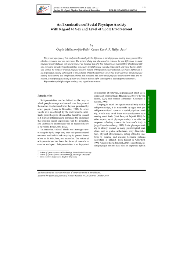(PDF) An Examination of Social Physique Anxiety with Regard to Sex and ...