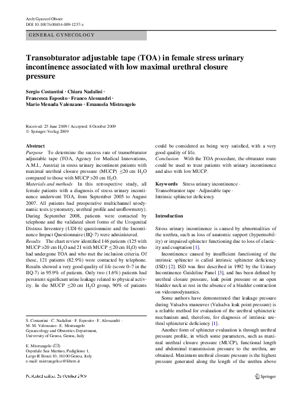 (PDF) Transobturator adjustable tape (TOA) in female stress urinary ...