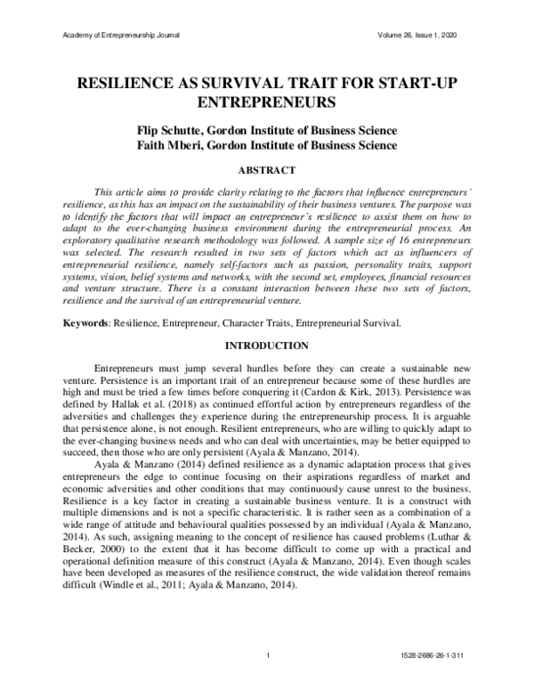 (PDF) Resilience as survival trait for start-up entrepreneurs