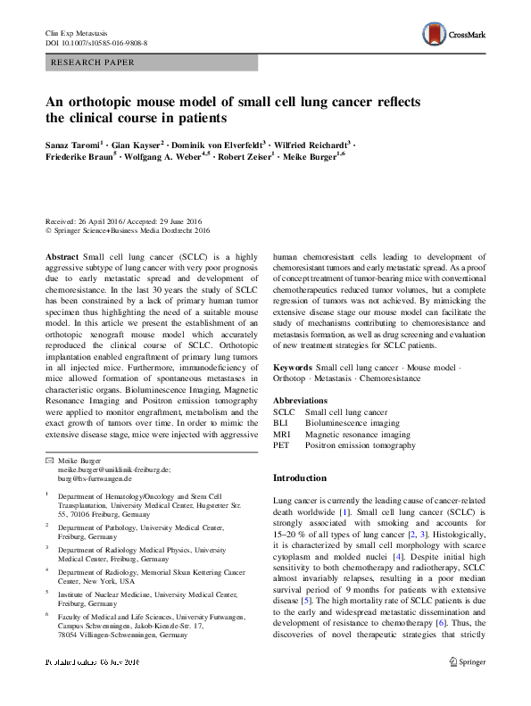 (PDF) An orthotopic mouse model of small cell lung cancer reflects the ...