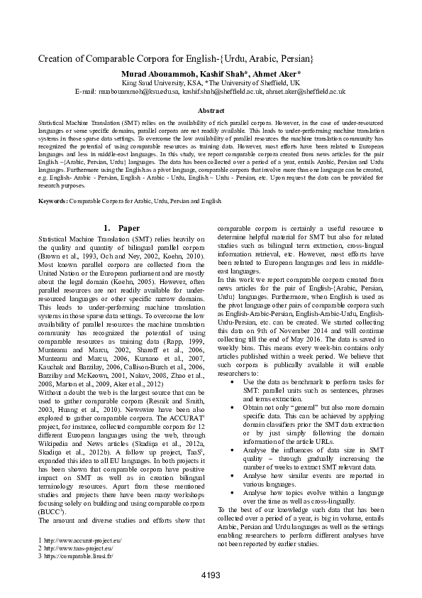 (PDF) Creation of comparable corpora for English-Urdu, Arabic, Persian