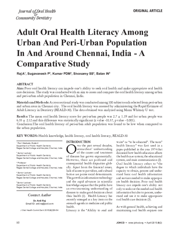 (PDF) Adult Oral Health Literacy Among Urban And Peri-Urban Population ...