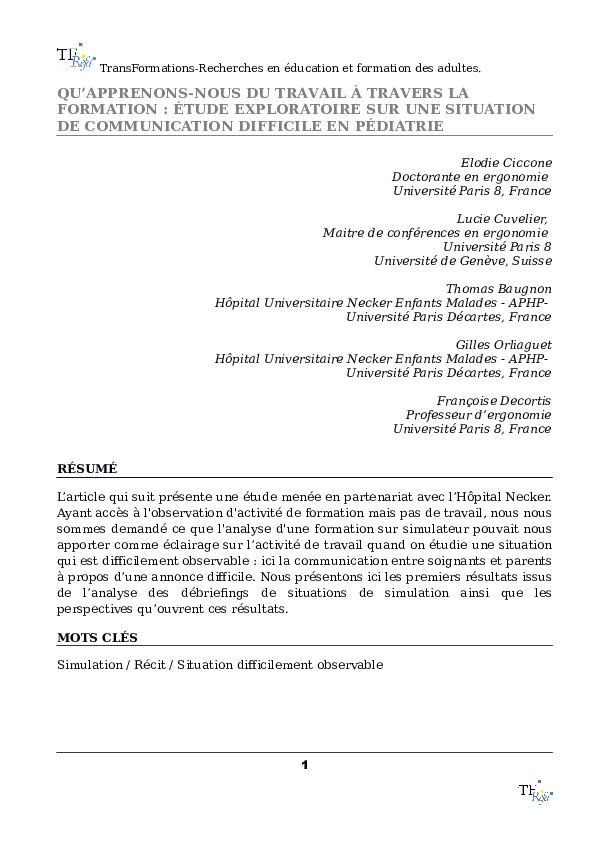 (PDF) Qu’apprenons-nous du travail à travers la formation : étude ...