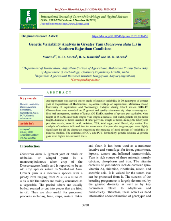 (PDF) Genetic Variability Analysis in Greater Yam (Dioscorea alata L ...