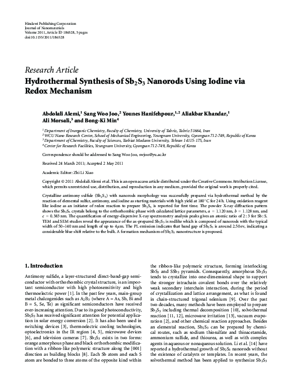 (PDF) Hydrothermal Synthesis of Sb2S3Nanorods Using Iodine via Redox ...