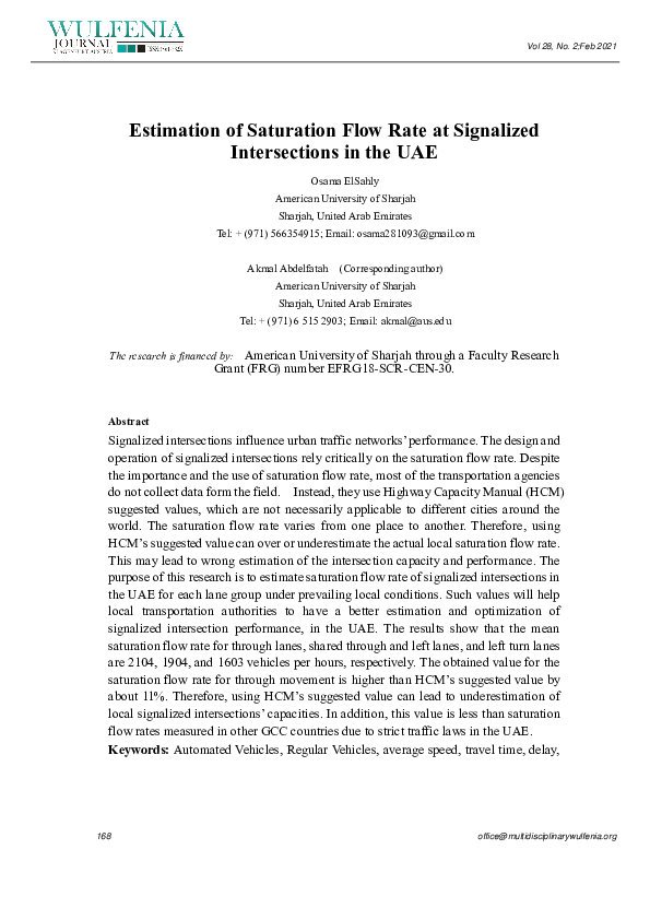 (PDF) Estimation of Saturation Flow Rate at Signalized Intersections in ...