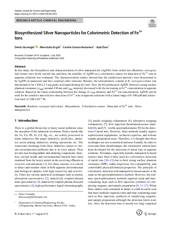 (PDF) Biosynthesized Silver Nanoparticles for Colorimetric Detection of ...