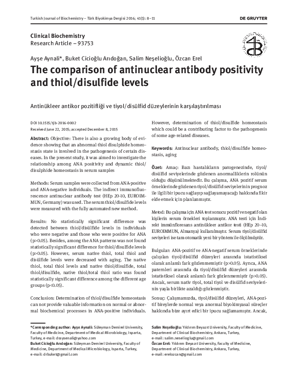 (PDF) The comparison of antinuclear antibody positivity and thiol ...