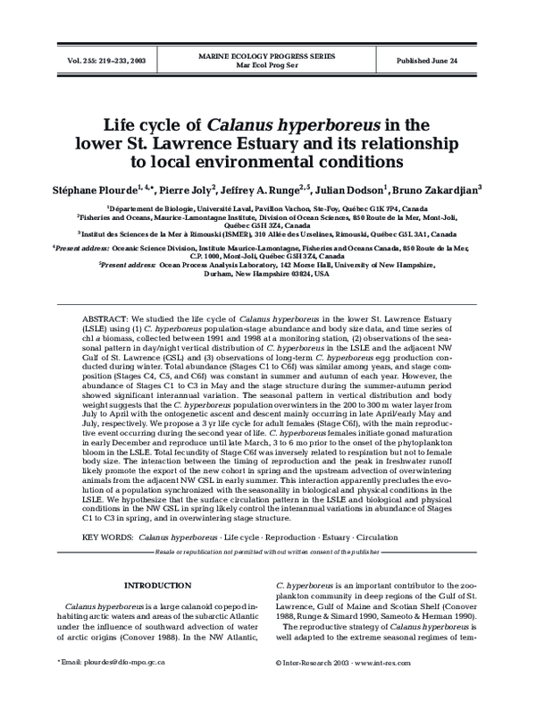 (PDF) Life cycle of Calanus hyperboreus in the lower St. Lawrence ...