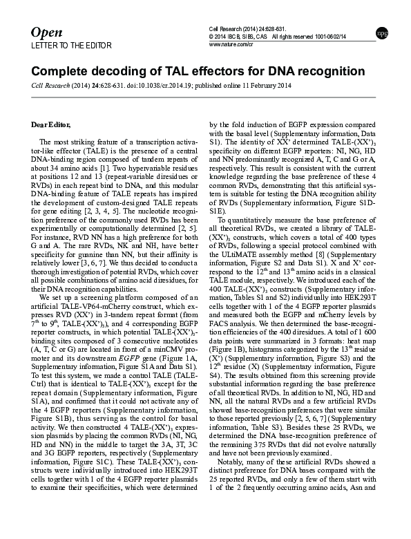 (PDF) Complete decoding of TAL effectors for DNA recognition