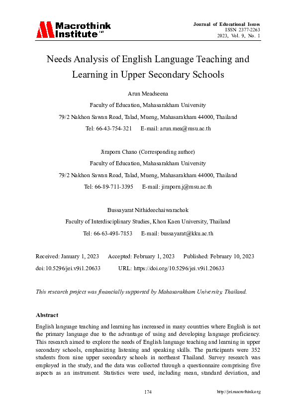 (PDF) Needs Analysis of English Language Teaching and Learning in Upper
