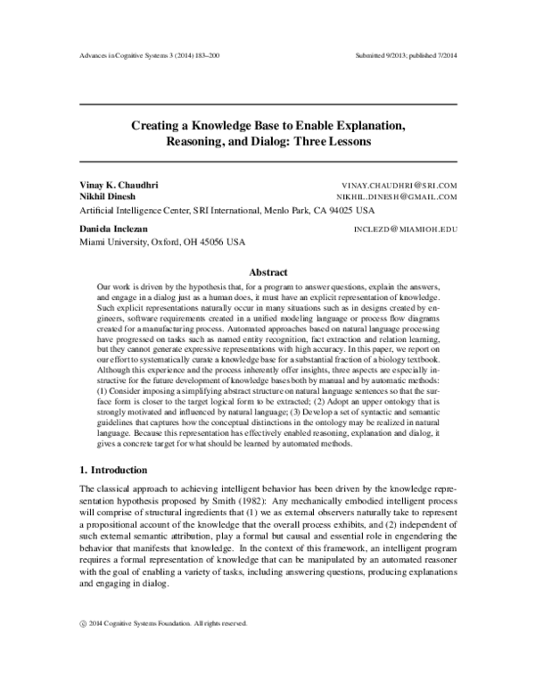 (PDF) Creating a Knowledge Base to Enable Explanation, Reasoning, and ...