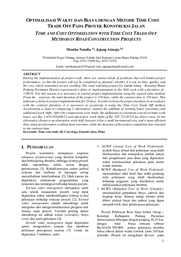 (PDF) Optimalisasi Waktu dan Biaya dengan Metode Time Cost Trade Off ...