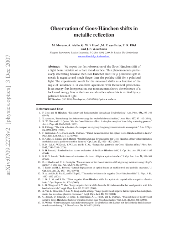 (PDF) Observation of Goos-Hänchen shifts in metallic reflection