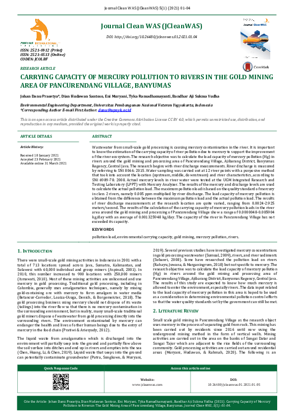 (PDF) Carrying Capacity of Mercury Pollution to Rivers in the Gold ...
