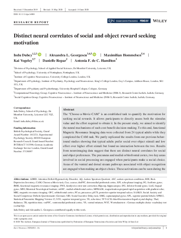 (PDF) Distinct neural correlates of social and object reward seeking ...