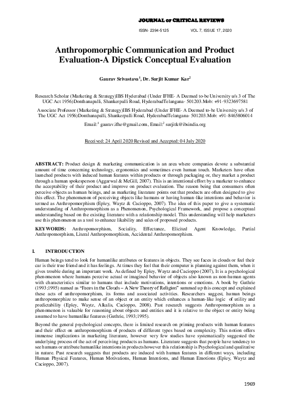 (PDF) Anthropomorphic Communication and Product EvaluationA Dipstick