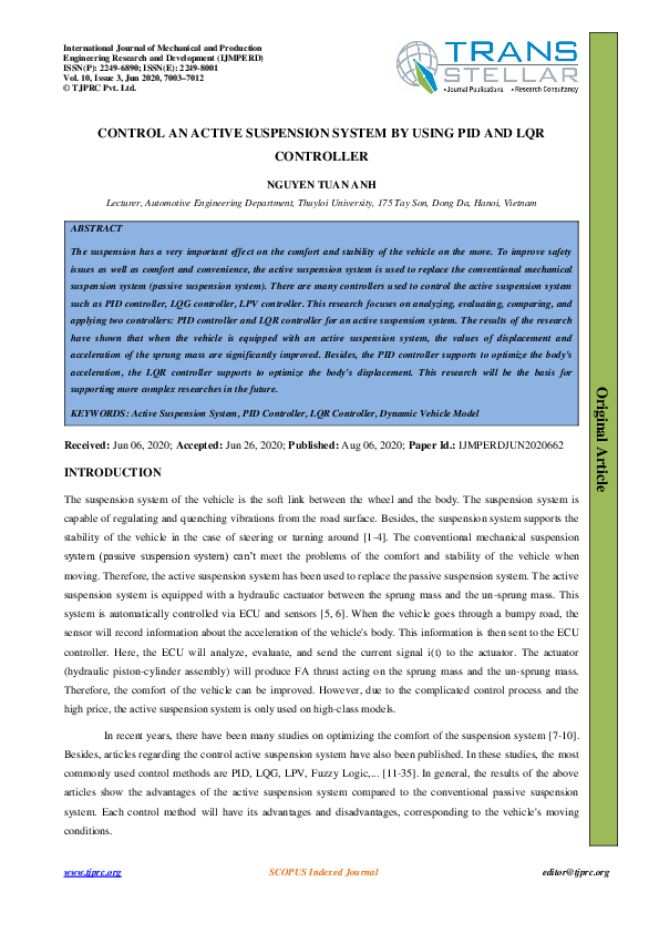 (PDF) Control an Active Suspension System by Using PID and LQR Controller