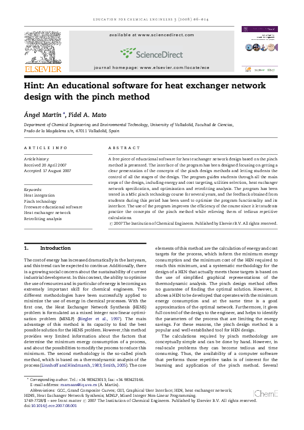 (PDF) Hint An educational software for heat exchanger network design