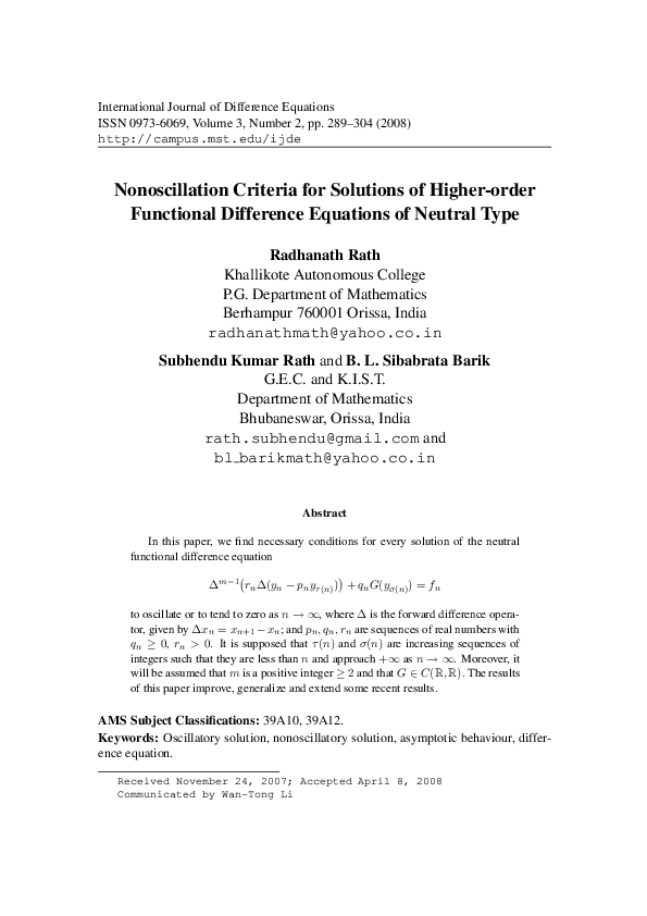(PDF) Oscillation Criteria for the Solutions of Higher Order Functional ...