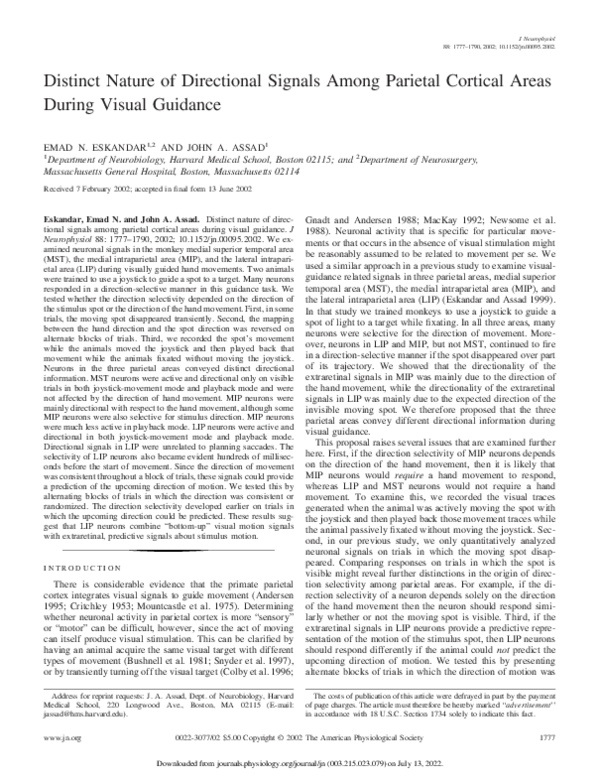 (PDF) Distinct Nature of Directional Signals Among Parietal Cortical ...