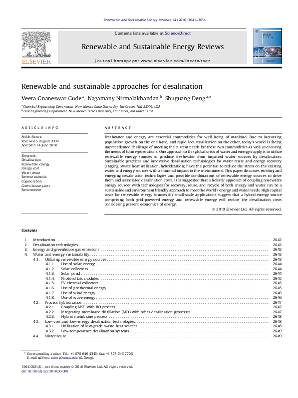 (PDF) Renewable and sustainable approaches for desalination
