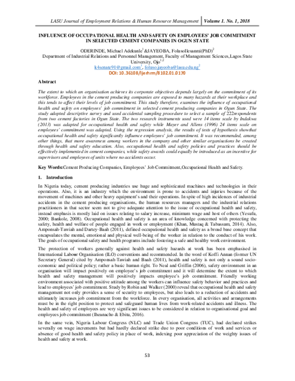 (PDF) Influence of Occupational Health and Safety on Employees’ Job ...