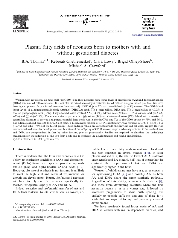 (PDF) Plasma fatty acids of neonates born to mothers with and without ...