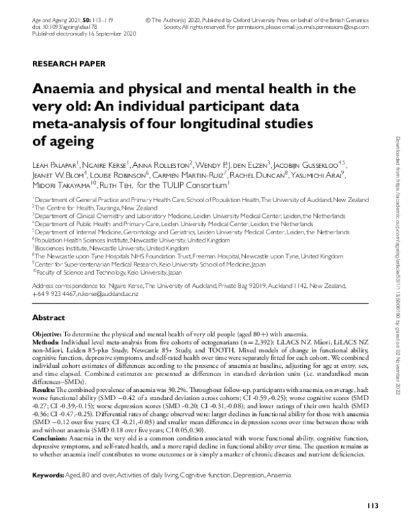 (PDF) Anaemia and physical and mental health in the very old: An ...